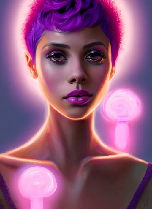 Image similar to portrait of vanessa morgan with bright pink hair, curly pixie cut hair, wearing a purple breton cap, breton cap, hoop earrings, intricate, elegant, glowing lights, highly detailed, digital painting, artstation, concept art, smooth, sharp focus, illustration, art by wlop, mars ravelo and greg rutkowski