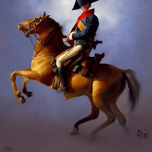 Prompt: napoleon on his horse while holding his gun and shooting by greg rutkowski