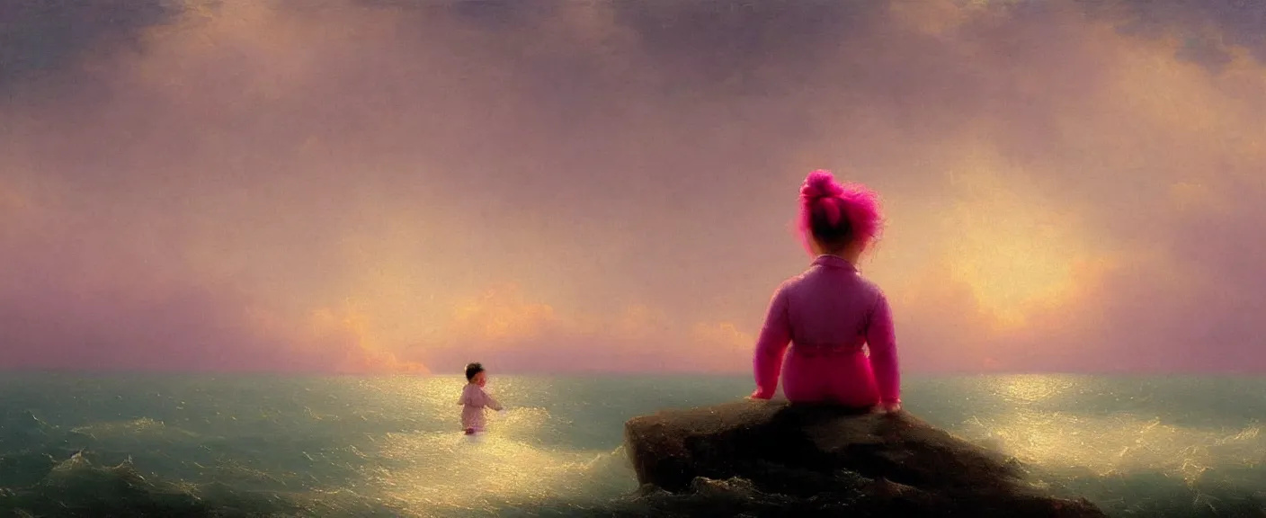 Prompt: an image of a girl with pink hair wearing a panda onesie looking across the ocean in the style of ivan aivazovsky,