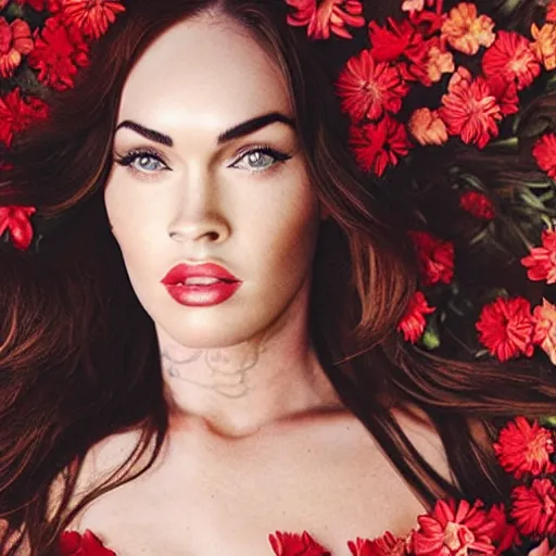 Image similar to “Megan Fox Red composed of flowers, ultra detailed portrait, 4k resolution”