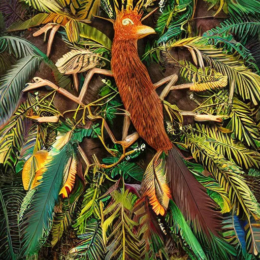 Image similar to photo of an intricate jungle scene showing a bird with six arms, covered in feathers. extreme detail, hyperrealistic photo, gloomy