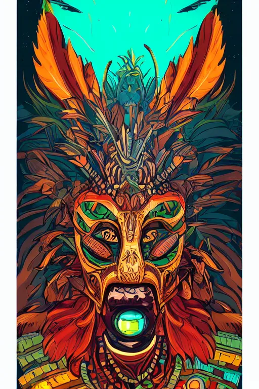 Image similar to totem animal mask tribal feather gemstone plant wood rock shaman vodoo video game vector illustration vivid color borderlands by josan gonzales and dan mumford radiating a glowing aura