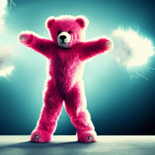 Image similar to fluffy pink teddybear in superhero costume, cinematic explosions, dramatic pose