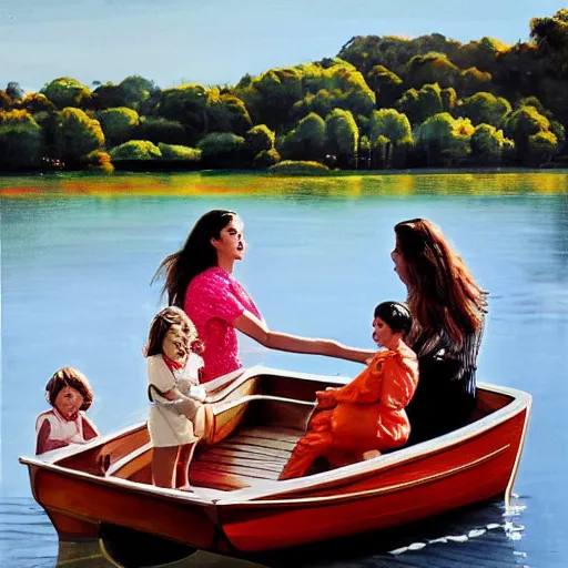 Prompt: lavish by keith parkinson. the experimental art of a group of well - dressed women & children enjoying a leisurely boat ride on a calm day. the women are chatting & laughing while the children play with a toy boat in the foreground.