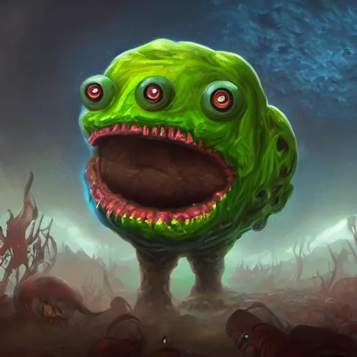 Image similar to a giant cyclops one - eyed cyclops bumpy ball green pea monster with boney arms, lovecraft, trending on artstation, 4 k, video game art, oil painting