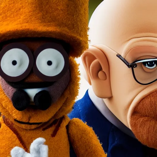 Image similar to heisenberg as a muppet. highly detailed felt. hyper real photo. 4 k.