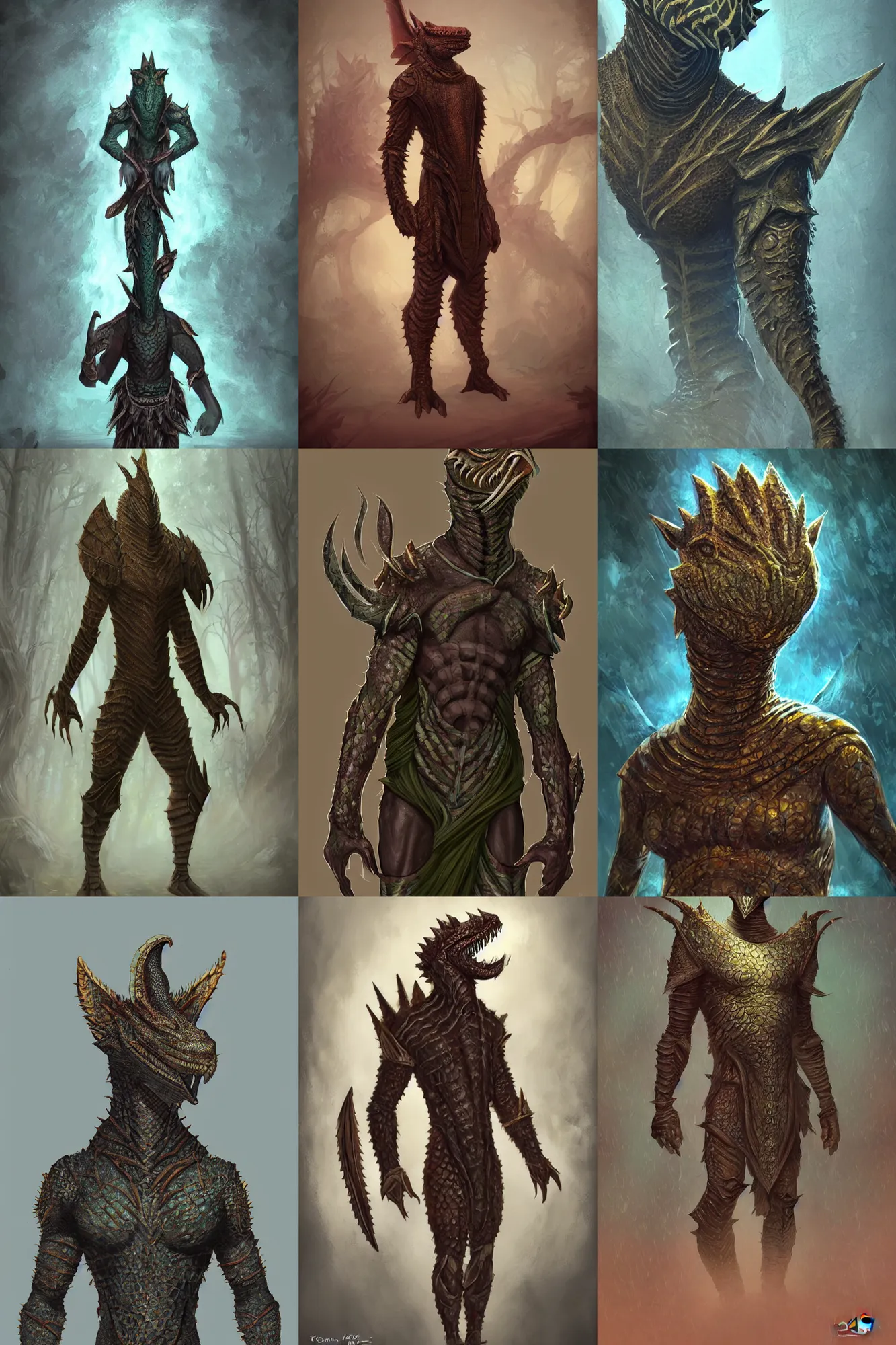 Prompt: african argonian! body! in full, entire body, epic fantasy beautiful anthropomorphic sentient creature male elegant warrior clothing digital art by loish and oriana menendez and alexandre chaudret west africa patterns color style body, smooth, artstation, unreal, foggy, atmospheric, bloom, vignette
