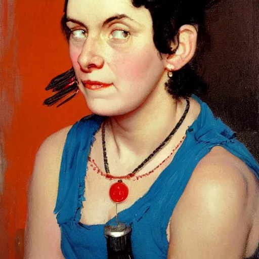 Image similar to Front portrait of an amused woman with black hair and ice blue eyes, wearing a spiked choker and an orange tank top. A painting by Norman Rockwell.