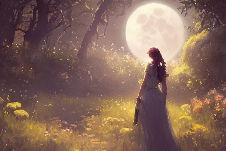 Image similar to a beautiful painting of garden, moon, girl, by greg rutkowski, trending on artstation