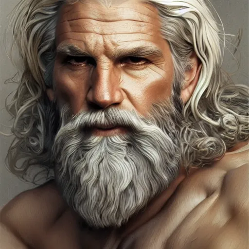 Image similar to portrait of rugged zeus, greek god, 5 0 years old, handsome, white hair, soft hair, upper body, muscular, hairy torso, fantasy, intricate, elegant, highly detailed, digital painting, artstation, concept art, smooth, sharp focus, illustration, art by artgerm and greg rutkowski and alphonse mucha