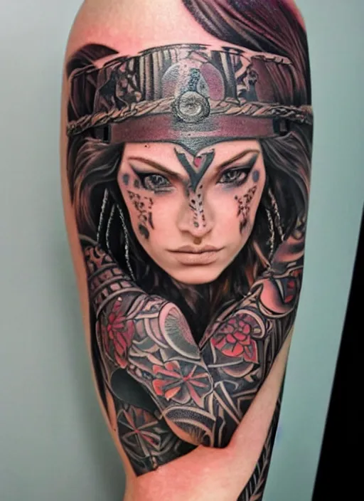 Prompt: tattoo design of a hyper - realistic beautiful girl warrior, hyper detailed, in the design of eliot kohek, white background