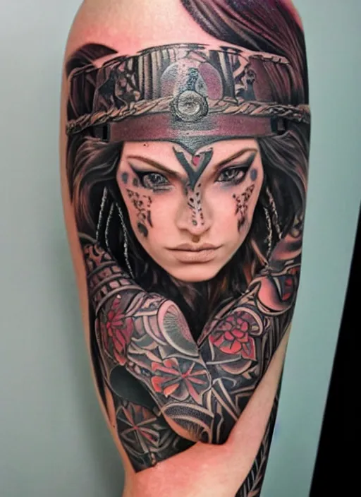 Image similar to tattoo design of a hyper - realistic beautiful girl warrior, hyper detailed, in the design of eliot kohek, white background