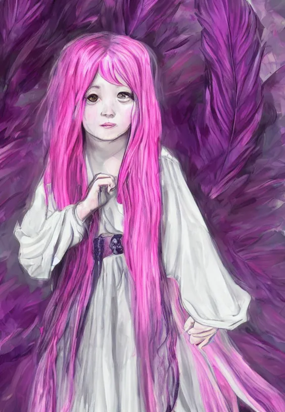 Image similar to little girl with eccentric pink hair wearing a dress made of purple feather, art by dcwj