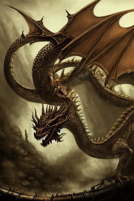 Image similar to hyper realistic dragon with steam punk tanks and tubes and breathing apparatus on its back, white background, full frame, art byjon foster