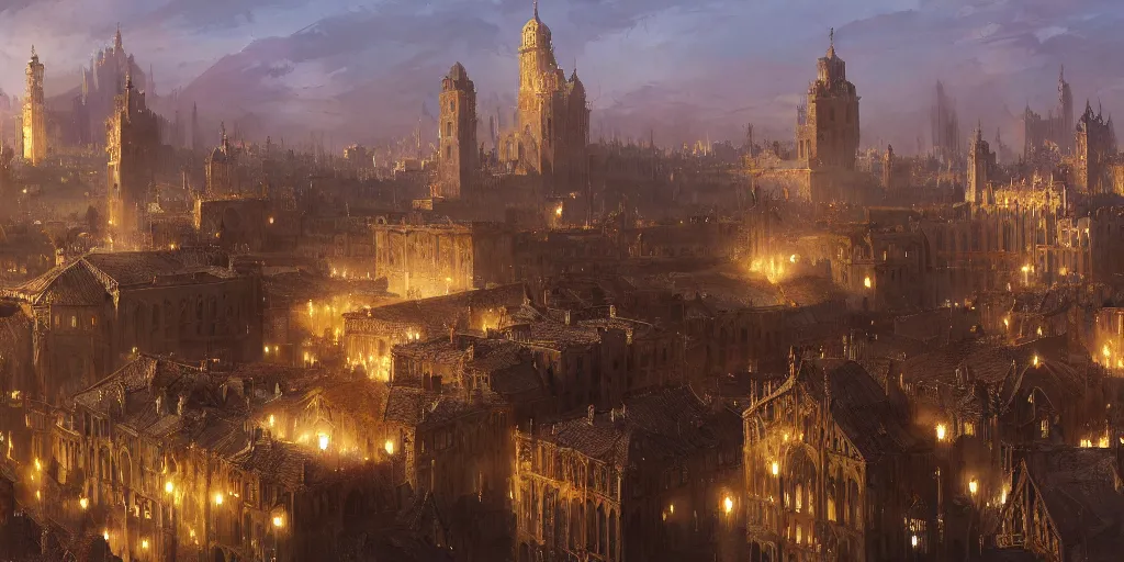 Prompt: rich golden mixed arabian and medieval european city, by joe dever, lone wolf, drapes, temple, town hall, traps, painted by greg rutkowski