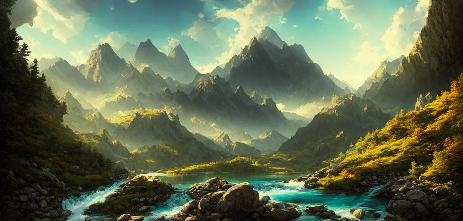 Prompt: lake in mountains streams and rivers flow down slopes of mountains and rocks into the valley spring in mountains, cinematic view, denoise, epic sky, detailed, concept art, low angle, high detail, warm lighting, volumetric, godrays, vivid, beautiful, trending on artstation, by jordan grimmer, huge scene, grass, art greg rutkowski