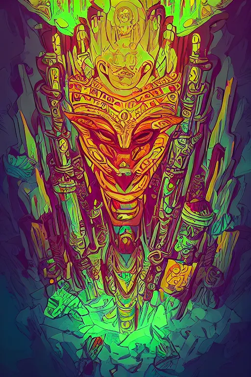 Image similar to totem animal tribal chaman vodoo mask feather gemstone plant wood rock video game illustration vivid color borderlands by josan gonzales and dan mumford radiating a glowing aura