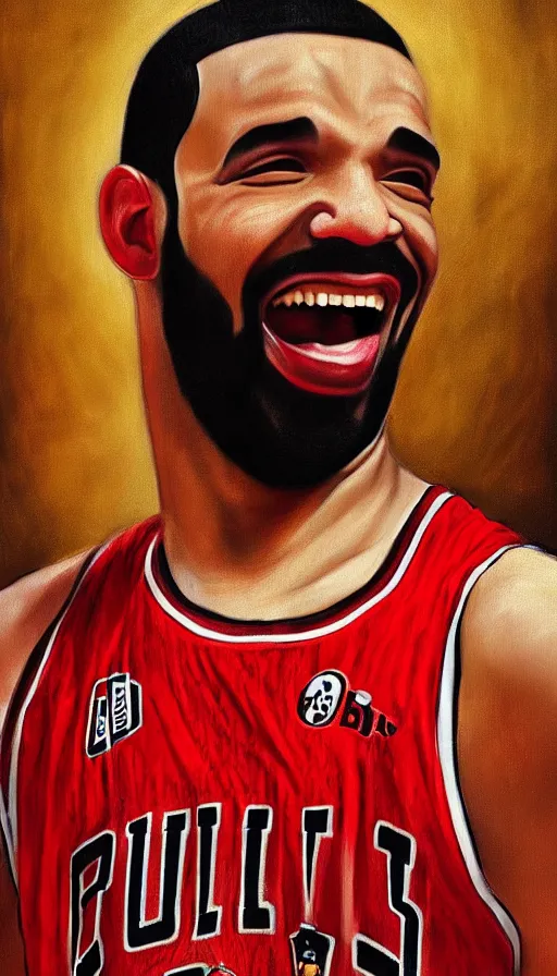 Prompt: happy drake wearing a chicago bulls jersey by leonardo da vinci, brown skin, classical painting, digital painting, romantic, vivid color, oil painting