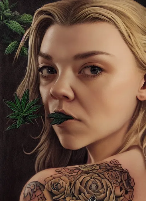 Image similar to natalie dormer wearing miniskirt made of marijuana with fox - tail, beautiful tattoos, focus, zeiss lens, detailed, symmetrical, centered, by nicoletta ceccoli, mark ryden, lostfish, earl nore, hyung tae, frank frazetta, breathtaking, 8 k resolution, extremely detailed, beautiful, artistic, hyperrealistic, award - winning photography