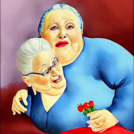 Prompt: a very funny stylize oil painting in cinematic style of a sweet fat old woman kissing her reflection. symmetry face, red mouth, blue eyes. flowery dress. hyper realistic scene. 3 d, octane render, deep focus, white scene. very funny and sweet image. unreal engine. watercolor. fellini style. poster quality. klee style.