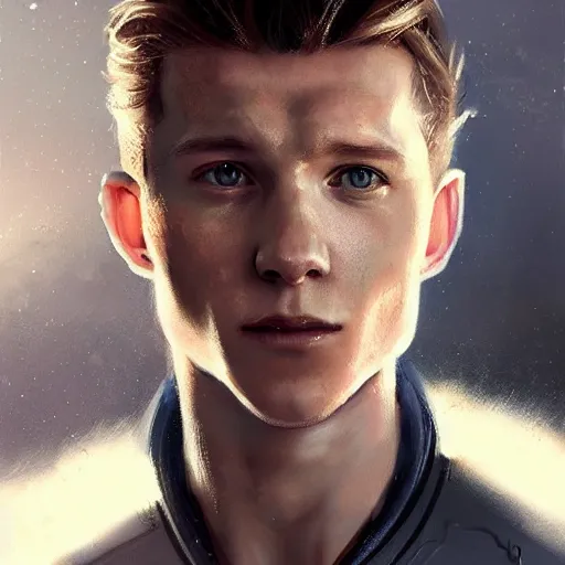 Image similar to portrait of tom holland as a man by greg rutkowski, he is about 3 0 years old, short blond hair, athletic and strong, straight jaw, looking puzzled, wearing futuristic space gear, highly detailed portrait, digital painting, artstation, concept art, smooth, sharp foccus ilustration, artstation hq.