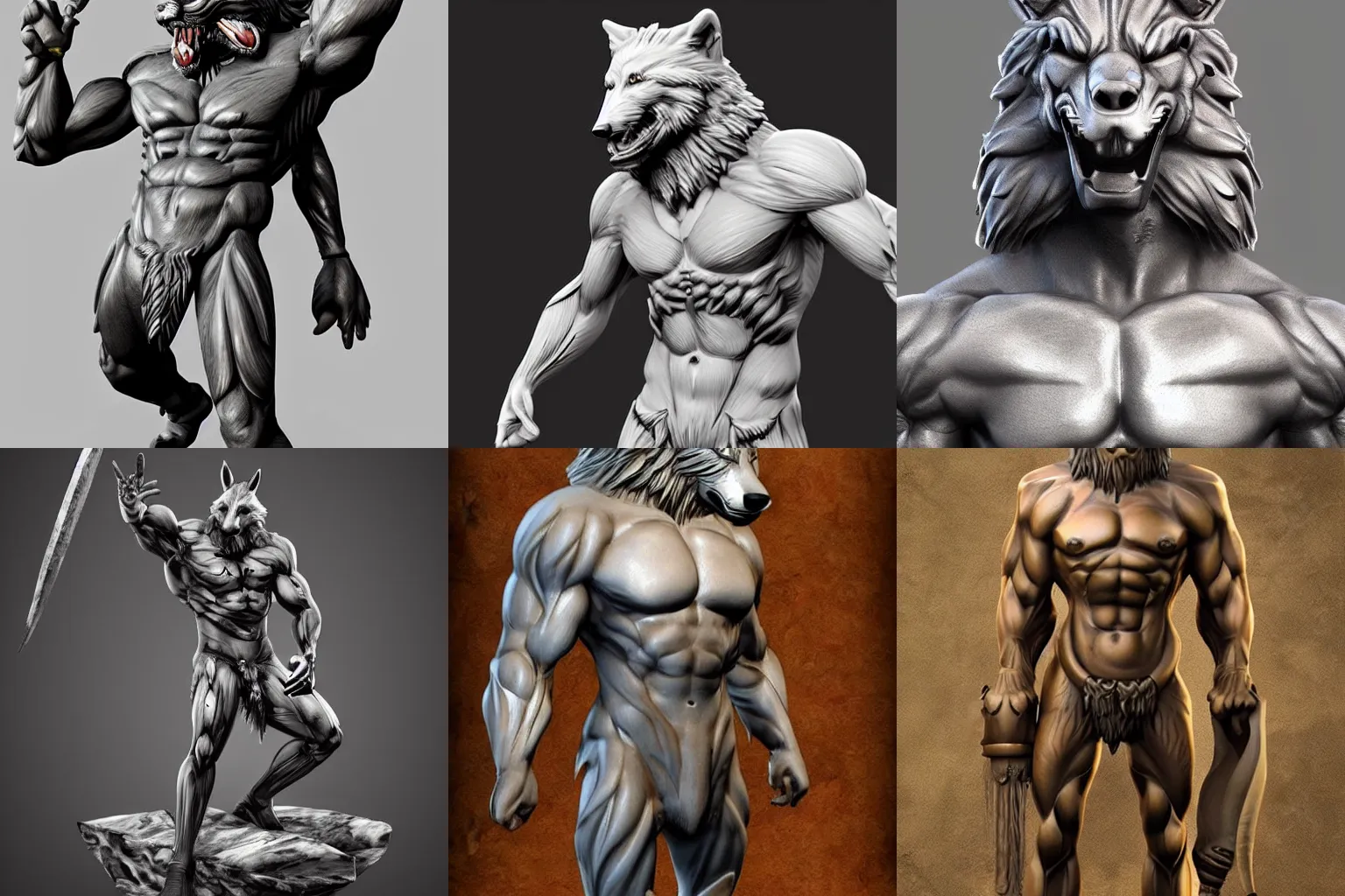 Prompt: marble anthropomorphic wolf warrior statue. Muscles. Loincloth. Digital Art. Trending on Artstation.