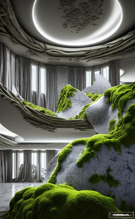 Image similar to highly detailed ultra sharp 3 d render villa interior cinematic composition of a smooth ceramic porcelain biomorphic magnolia stone nebula fluid fractal sci - fi surreal architecture landscape, granite, metallic, magnesium, marble, moss and lichen, vincent callebaut composition, mamou - mani, archviz, beautiful lighting, 8 k, unreal engine, hdr,