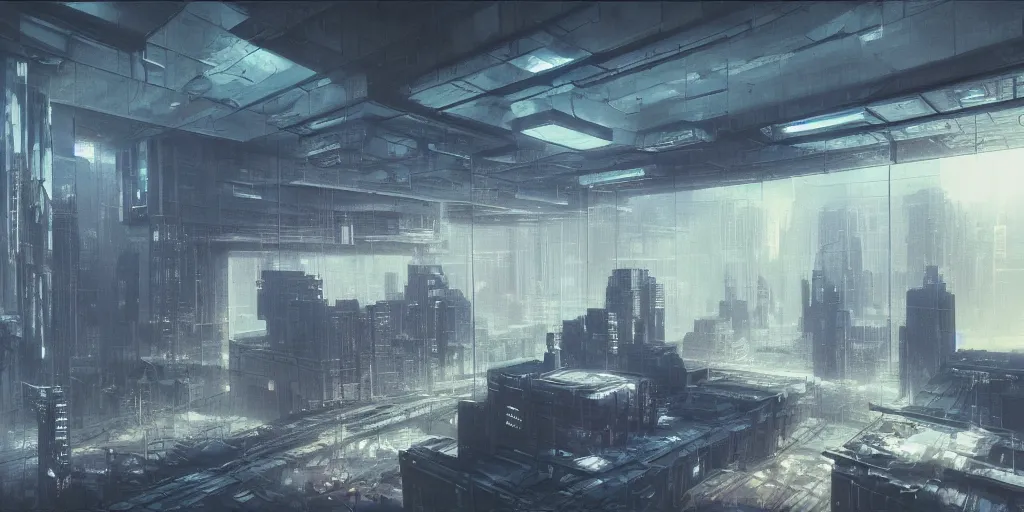 Image similar to a dystopian cyberpunk office interior with huge holographic displays everywhere, beksinski and syd mead cinematic matte painting, 4 k