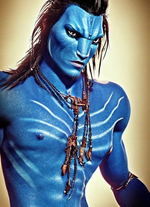 Prompt: johny Depp in the movie avatar as blue creature, tattoo's, warrior, movie poster