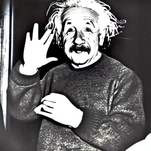 Image similar to color photograph of Albert Einstein DJ at a nightclub, in color, color photograph, colors