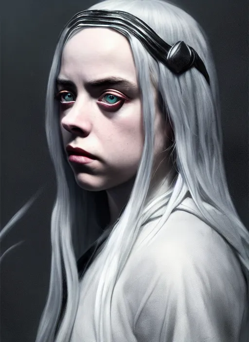 Prompt: Billie Eilish as female loki by, hyper detail, hyper realistic, octane render, noir, gorgeous symmetrical face, elegant, intricate, studio lighting, by Greg rutkowski