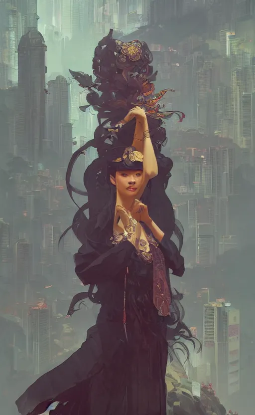 Image similar to a personification of hong kong, highly detailed, digital painting, artstation, concept art, sharp focus, illustration, art by greg rutkowski and alphonse mucha