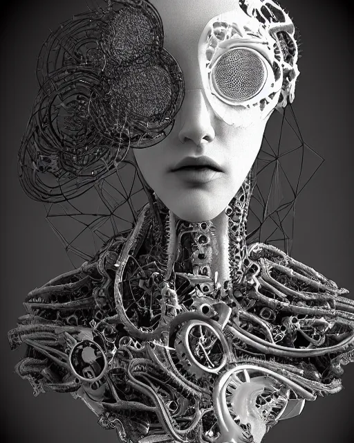 Image similar to black and white dreamy foggy smoky profile face portrait, one silver steampunk eye biomechanical beautiful young female cyclope - cyborg - robot bust, body ribs meshes,, volumetric light, hibiscus flowers, by hg giger, rim light, by dora maar and cecile beaton, big gothic fashion pearl embroidered collar, 8 k