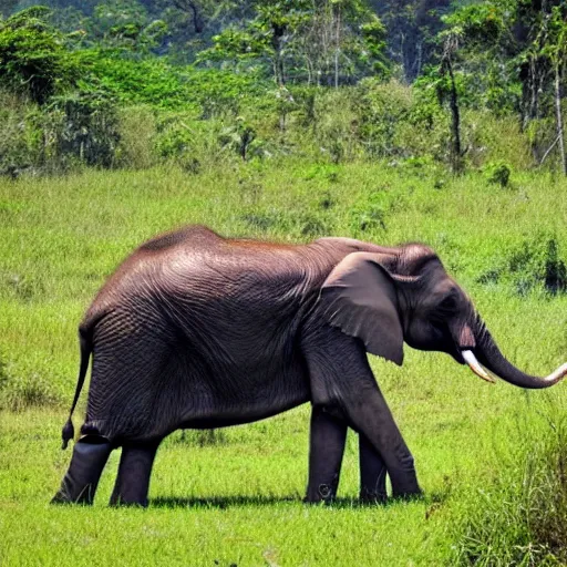 Prompt: An ultra hyper realistic elephant eating grass in the middle of the amazonian jungle.