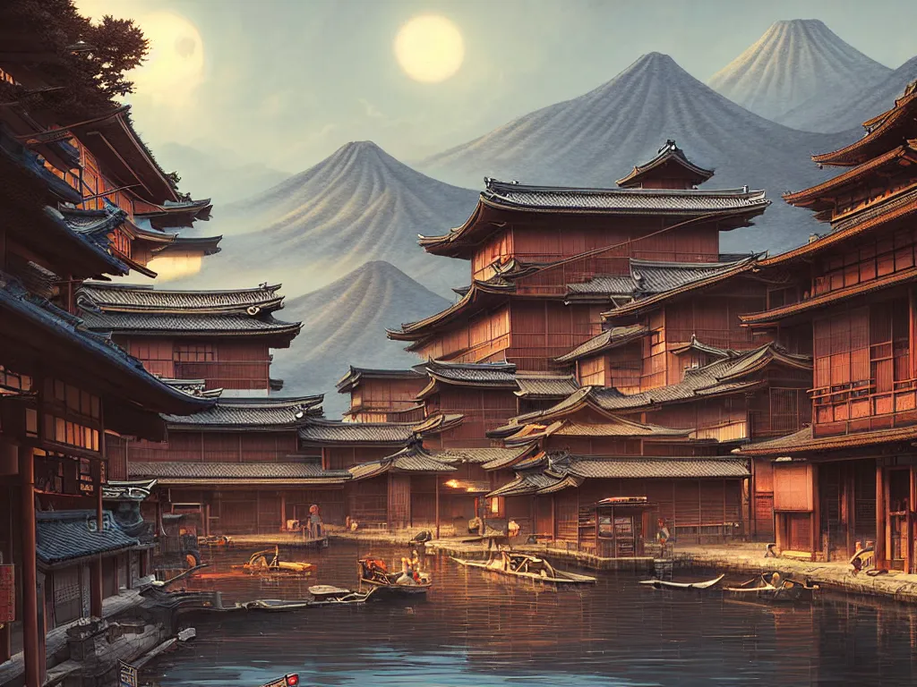 Image similar to old japanese town viewed from harbor, d & d digital painting, intricate details, ultra realistic, beautiful, volumetric lighting, warm colors advance, cell shading, by james jean, greg rutkowski, gerald brom, wlop