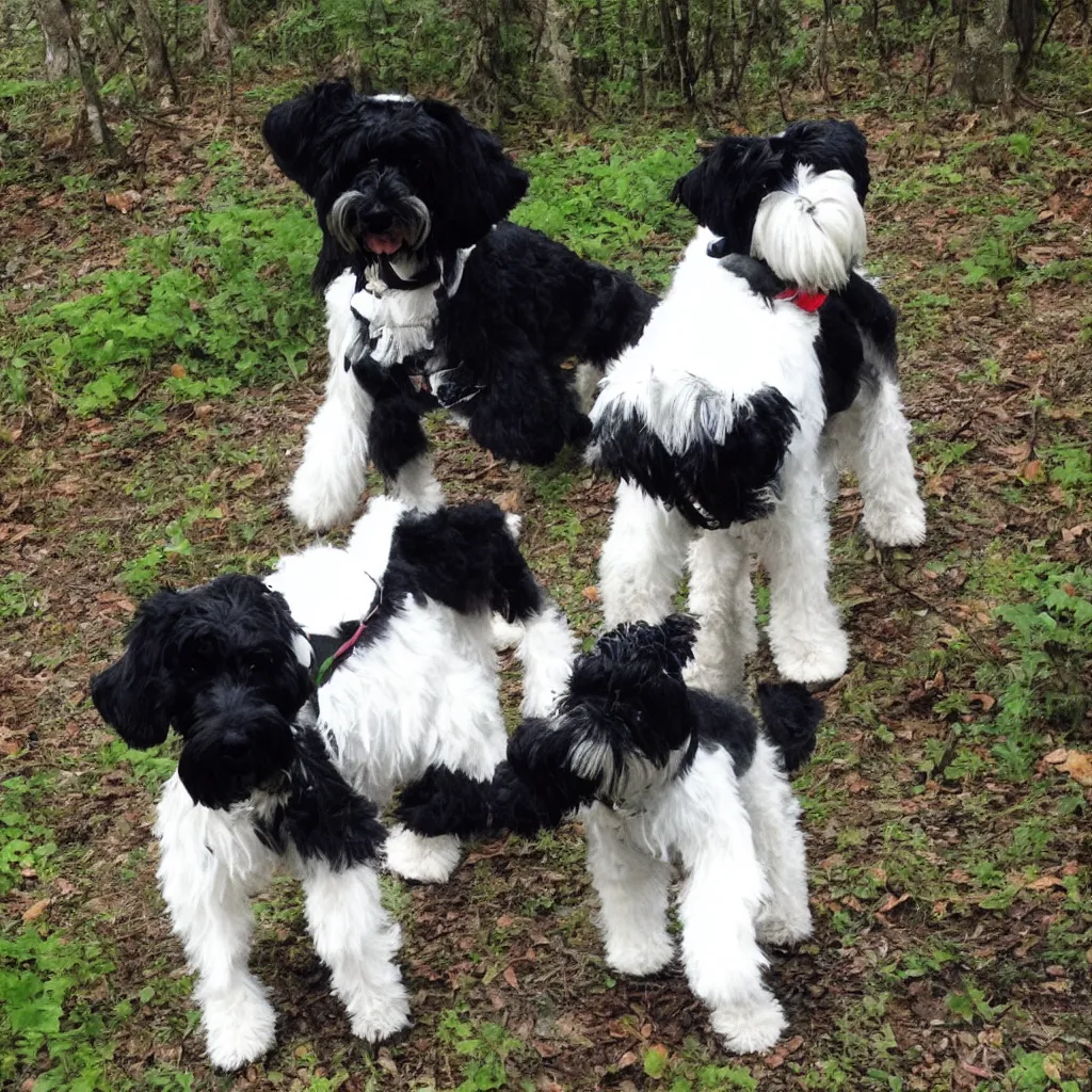 Image similar to of a white teddy walks in the woods with a black schnauzer,