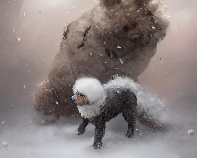 Image similar to prompt bichon battles through snowstorm with stomach scarred, digital painting, in the style of greg rutkowski, highly detailed