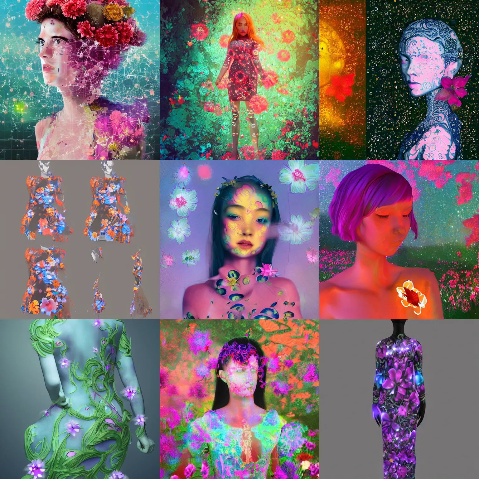 Prompt: ai - generated art, generated by an ai image generator who read this caption. tags : detailed, neural, self - aware, design your own avatar, lady with glowing flowers dress, matte painting, trending on artstation