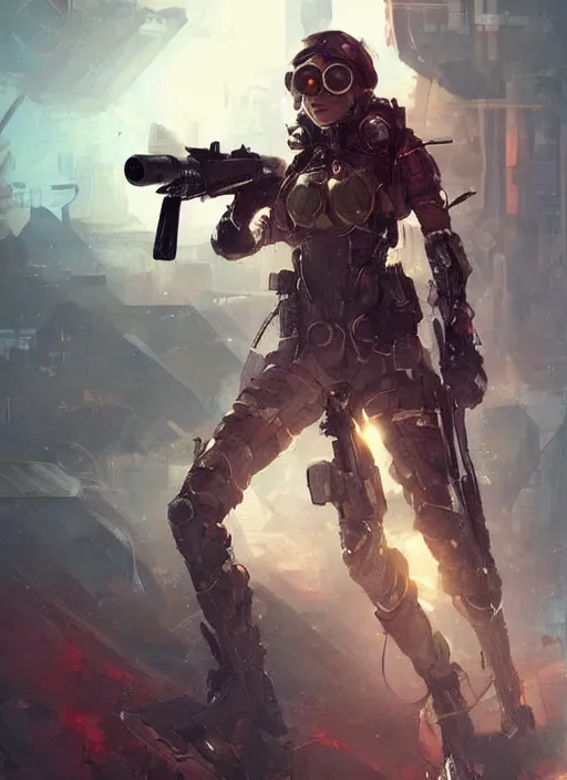 Prompt: of a beautiful sniper girl in war, with futuristic gear and helmet, portrait by ruan jia and ross tran, detailed, epic video game art, warm color tone