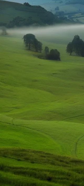 Prompt: open field of teeth, rolling hills, mist, valley, downhill