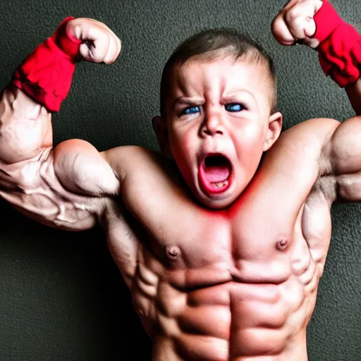 Image similar to huge muscles bodybuilder toddler, angry, ready to fight, red face, 2 years old, barrel chested, rippling muscles, huge veins, bulging muscles, ripped, award winning photography, high detail