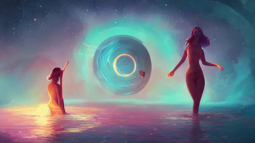 Image similar to a beautiful whimsical woman standing in a lake basking in the moonlight, underneath a multi-colored binary blackhole with an accretion disc, glowing trails following her arm, by Lois van Baarle, by Greg Rutkowski, by artgerm, by beeple, by studio ghibli, rule of thirds, cinematic angle, volumetric lighting, 4k resolution, octane render, trending on artstation, masterpiece