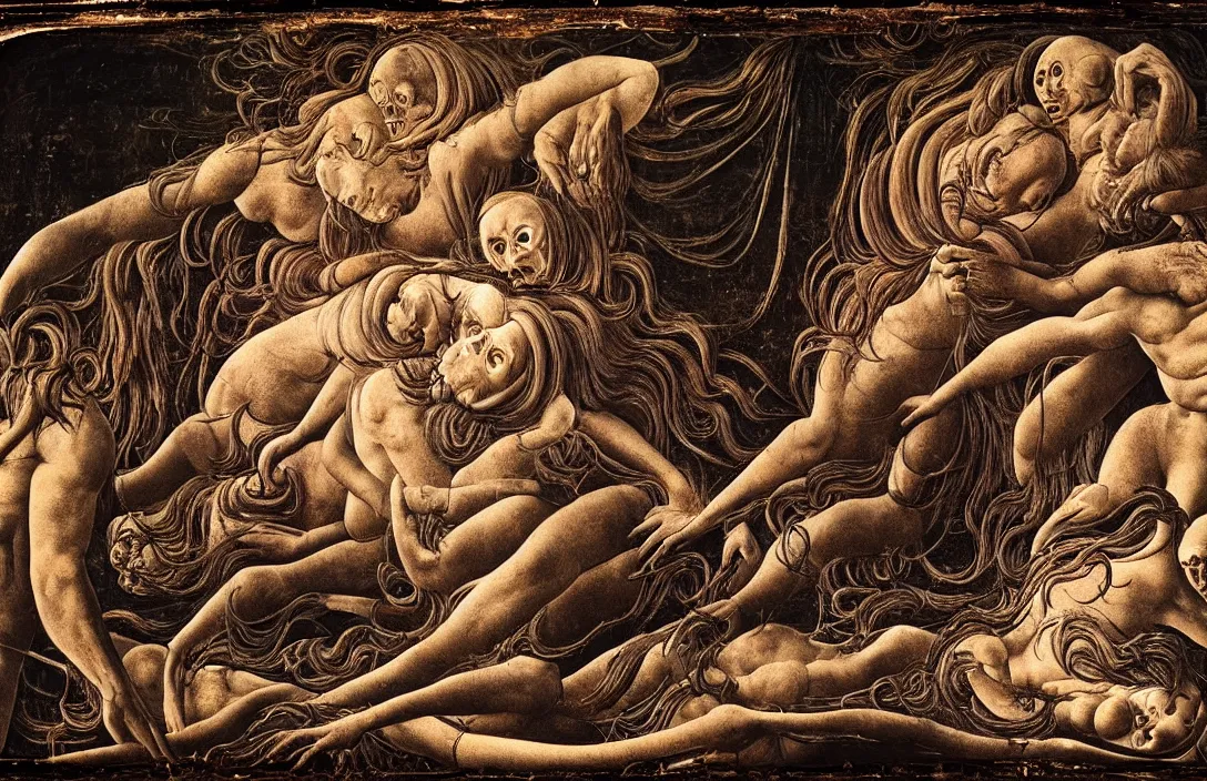 Prompt: gnarly intact flawless ambrotype from 4 k criterion collection remastered cinematography gory horror film, ominous lighting, evil theme wow photo realistic postprocessing nightmarish world of fear, horror, and revulsion that shocks and disturbs the spectator with its emotional power macrolens mural by sandro botticelli