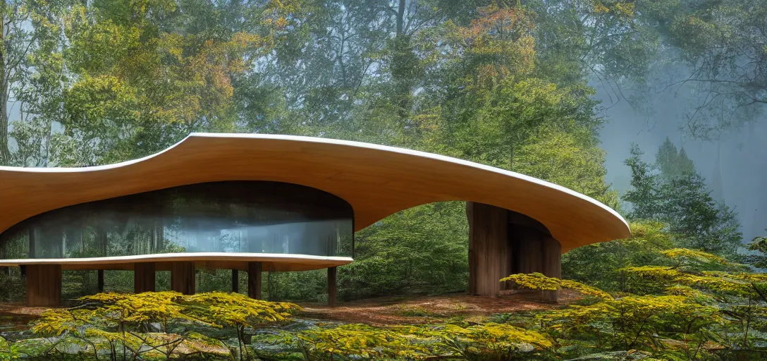 Image similar to curved roof planes lift and descend creating shade and architectural expression, highly detailed, situated in the forest, next to a highly reflective lake, marble, vivid color, high resolution photography, mist, luxury