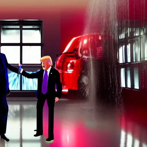 Prompt: donald trump and joe biden fighting inside of a car wash with neon lighting, 4k realistic photo