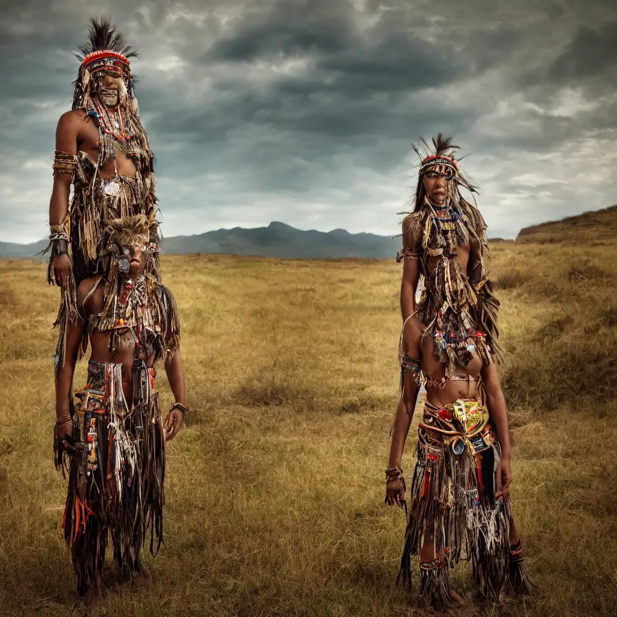 Prompt: extremely detailed award winning national geographic full body portrait photography from ancient tribal shaman multiple from different cultures all over the world. 64megapixel. Realistic render. Landscape background what is slightly blurry and windy.