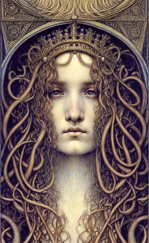 Image similar to detailed realistic beautiful young medieval queen face portrait by jean delville, gustave dore and marco mazzoni, art nouveau, symbolist, visionary, gothic, pre - raphaelite. horizontal symmetry