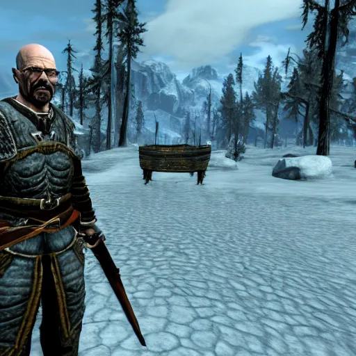 Prompt: Video game screenshot of Walter White as a guard NPC in the Elder Scrolls V Skyrim