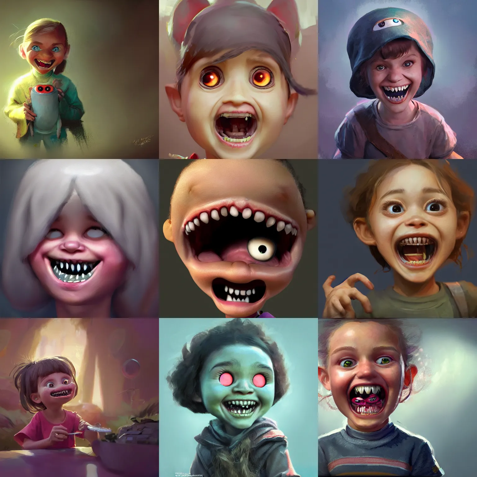 Prompt: a happy little girl with googly eyes and a lot of teeth in her big mouth, concept art, character illustration, artstation, craig mullins, unreal engine, pixar