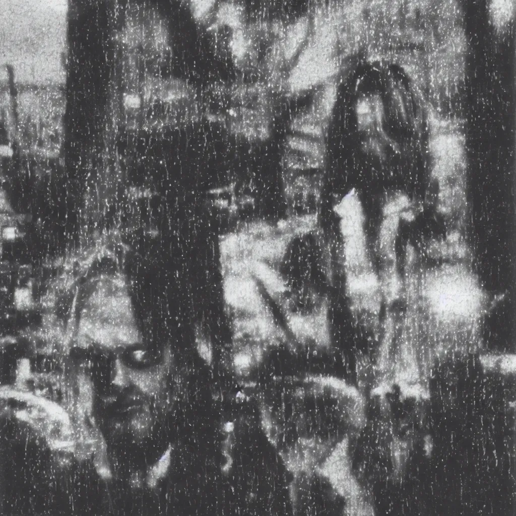 Image similar to a polaroid of ( kurt cobain ) in seattle, raining! nighttime